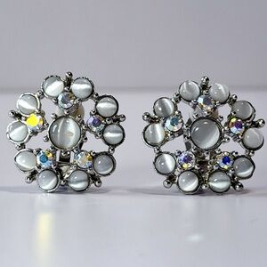 Vintage 1960s Silver Tone Moonstone & AB Rhinestone Clip Earrings JT0339